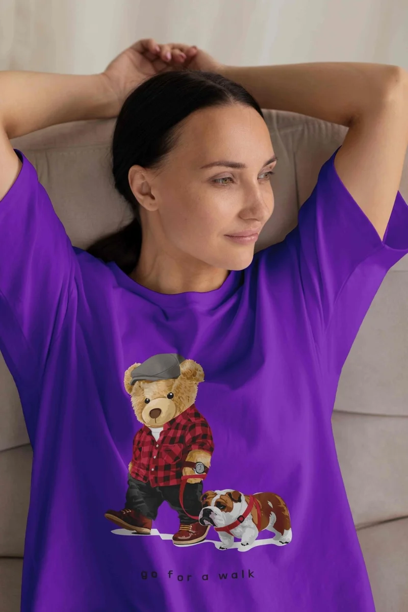 دوغ فش Women's Lilac Teddy Printed Oversize T-Shirt