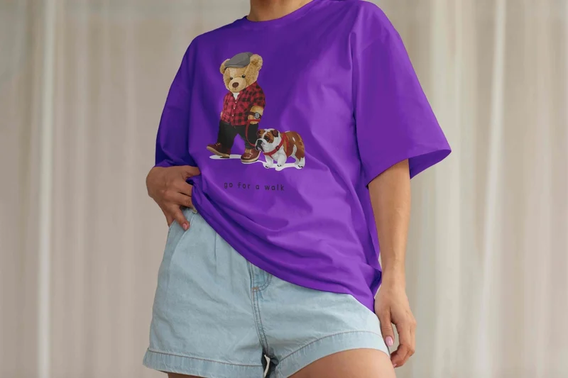 دوغ فش Women's Lilac Teddy Printed Oversize T-Shirt