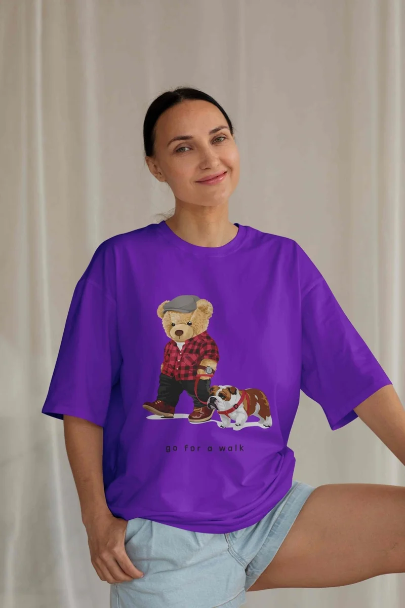 دوغ فش Women's Lilac Teddy Printed Oversize T-Shirt