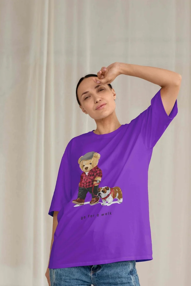دوغ فش Women's Lilac Teddy Printed Oversize T-Shirt