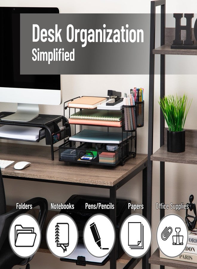 Mind Reader Mesh Desk Organizer, 3 Trays, 1 Drawer, 2 Pen Holders, Office Desktop Organizer, Metal Mesh, Black - Image 2