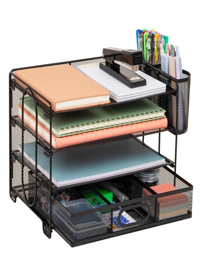 Mind Reader Mesh Desk Organizer, 3 Trays, 1 Drawer, 2 Pen Holders, Office Desktop Organizer, Metal Mesh, Black - Image 1