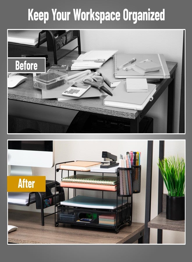 Mind Reader Mesh Desk Organizer, 3 Trays, 1 Drawer, 2 Pen Holders, Office Desktop Organizer, Metal Mesh, Black - Image 4