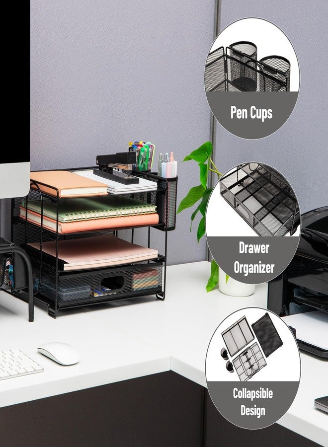 Mind Reader Mesh Desk Organizer, 3 Trays, 1 Drawer, 2 Pen Holders, Office Desktop Organizer, Metal Mesh, Black - Image 3