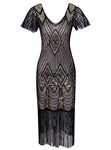 Vijiv Women 1920s Gatsby Beaded Sequin Short Sleeve Art Deco Long Flapper Prom Dresses,XX-Large,Beige Gold - Image 1