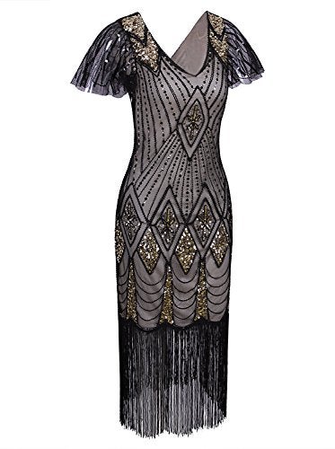 Vijiv Women 1920s Gatsby Beaded Sequin Short Sleeve Art Deco Long Flapper Prom Dresses,XX-Large,Beige Gold - Image 2