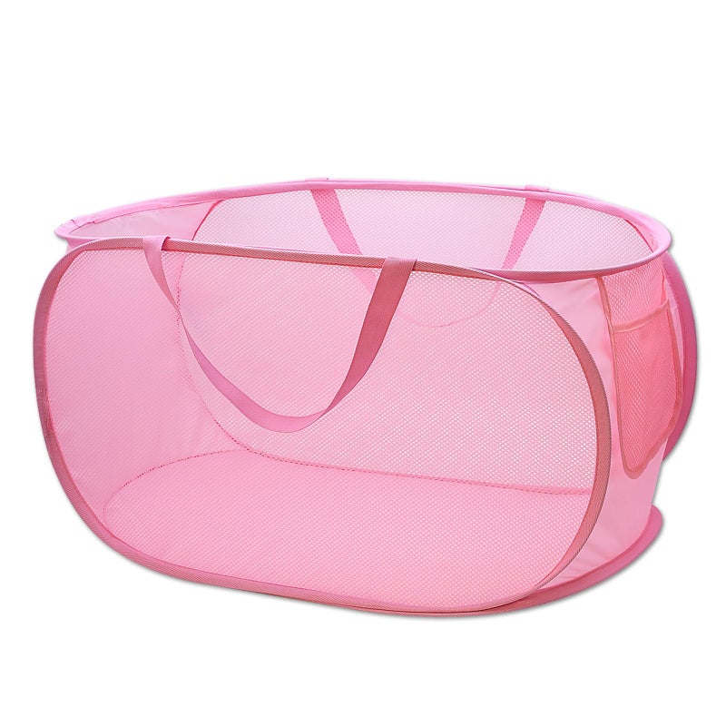 HONOMA Sturdy Mesh Laundry Hamper Basket Bag Pop up Basket with Side Pocket for Laundry Room  Bathroom  Kids Room  College Dorm or Travel (Pop Horizontal  Pink) - Image 1