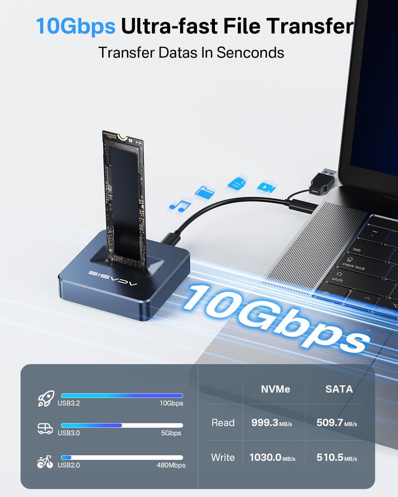 FREEGENE ACASIS NVME SSD Reader Adapter, Aluminium Alloy Housing Fast Heat Dissipation, NVME to USB Docking Station, M.2 SSD to USB Adapter 10Gbps, Support M.2 (M Key) NVMe SSD and (B+M Key) SATA-Based SSD - Image 3