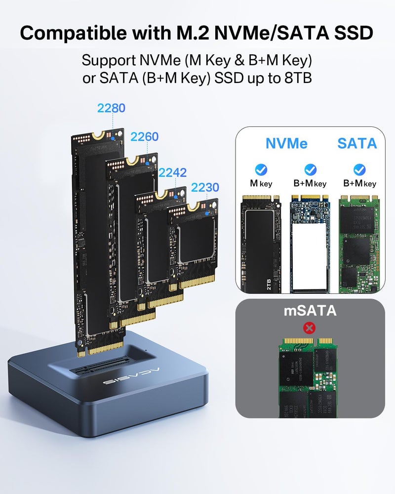 FREEGENE ACASIS NVME SSD Reader Adapter, Aluminium Alloy Housing Fast Heat Dissipation, NVME to USB Docking Station, M.2 SSD to USB Adapter 10Gbps, Support M.2 (M Key) NVMe SSD and (B+M Key) SATA-Based SSD - Image 2