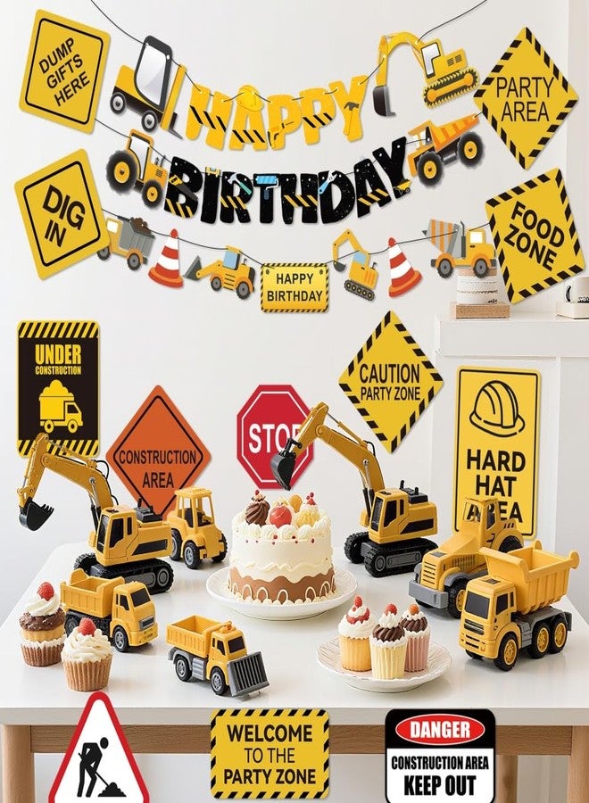 FIGEPO 14 Packs Construction Happy Birthday Banner Vehicle Truck Garlands and Truck Cutouts Traffic Road Signs Birthday Party Decorations for Kids Boy Baby Shower Decorations (Construction) - Image 3