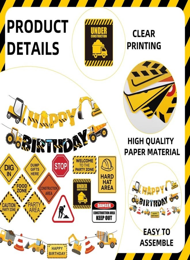FIGEPO 14 Packs Construction Happy Birthday Banner Vehicle Truck Garlands and Truck Cutouts Traffic Road Signs Birthday Party Decorations for Kids Boy Baby Shower Decorations (Construction) - Image 2