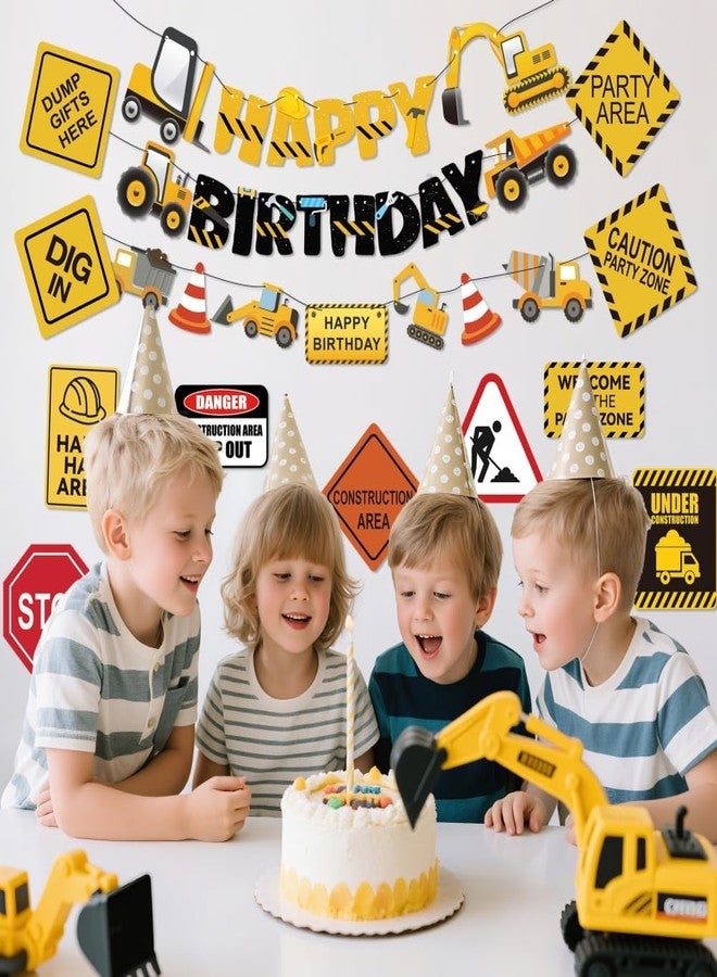 FIGEPO 14 Packs Construction Happy Birthday Banner Vehicle Truck Garlands and Truck Cutouts Traffic Road Signs Birthday Party Decorations for Kids Boy Baby Shower Decorations (Construction) - Image 5