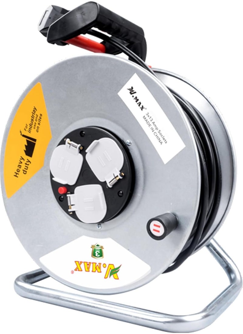 Vmax V.MAX 3 Socket Open Cable Reel Extension Lead with Winding Handle | Thermal Cut Out and Power Switch 50 Metres High Visibility Cable Reel sliver (3 * 1.5MM sq. 50M)  - Image 1