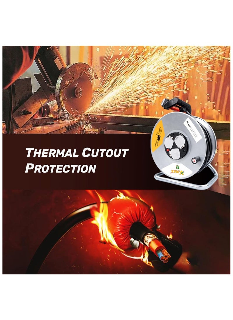 Vmax V.MAX 3 Socket Open Cable Reel Extension Lead with Winding Handle | Thermal Cut Out and Power Switch 50 Metres High Visibility Cable Reel sliver (3 * 1.5MM sq. 50M)  - Image 4