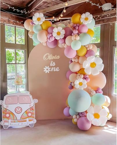 IHEPYQ Daisy Balloon Garland Kit 155pcs White Groovy Daisy Flower Macaron Pastel Balloons Garland for Boho Two Groovy Girls Birthday Baby Shower Flower Decor - Image 1