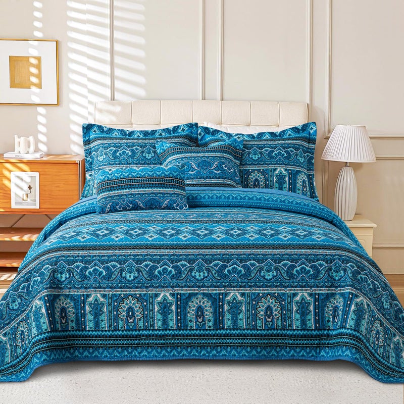 VAPUTAR Cotton Quilt Queen Size Bedding Set  3 Pieces Queen Quilt Bedding Set Boho Queen Size Quilts Lightweight Reversible Coverlets Bedspreads for Farmhouse Bedroom Blue