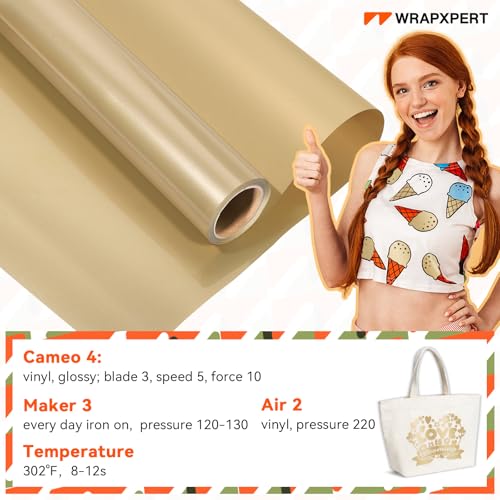 WRAPXPERT Gold Iron on Vinyl, Light Gold Heat Transfer Vinyl 12''x5ft Champagne Foil HTV Roll for Most Cutting Machine, Matte Metallic Heat Transfer for DIY Design on T-Shirts, Fabrics, Easy to Cut - Image 4