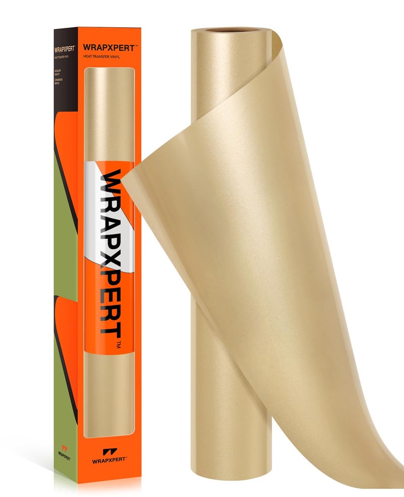 WRAPXPERT Gold Iron on Vinyl, Light Gold Heat Transfer Vinyl 12''x5ft Champagne Foil HTV Roll for Most Cutting Machine, Matte Metallic Heat Transfer for DIY Design on T-Shirts, Fabrics, Easy to Cut - Image 1