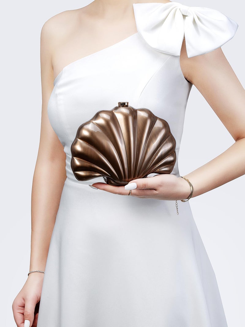 YJKIS Women Pearl Acrylic Clutch Shell Pearl Clutch Shell Purse Chain Shoulder Bag Ladies Wedding Prom Evening Handbag, Brown - Image 2