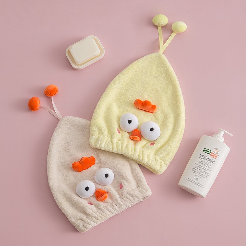 ins Explosive Cartoon Cute Animal Nightcap Absorbent Coral Fleece Dry Hair Cap Cute Pet Shower Cap Princess Cap for Hair(New adorable chicken tender yellow, 27*36) - Image 2