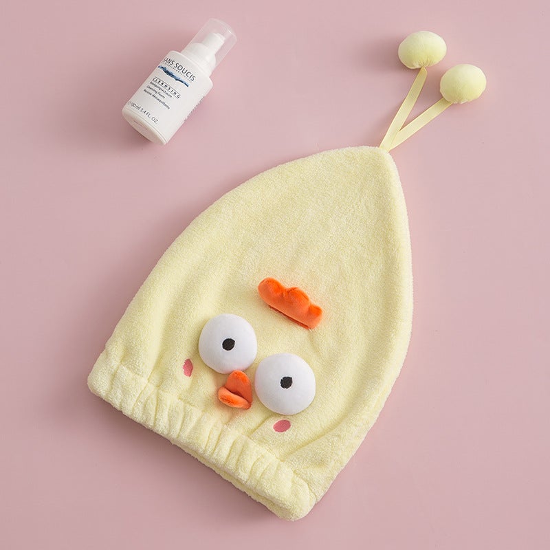 ins Explosive Cartoon Cute Animal Nightcap Absorbent Coral Fleece Dry Hair Cap Cute Pet Shower Cap Princess Cap for Hair(New adorable chicken tender yellow, 27*36) - Image 1