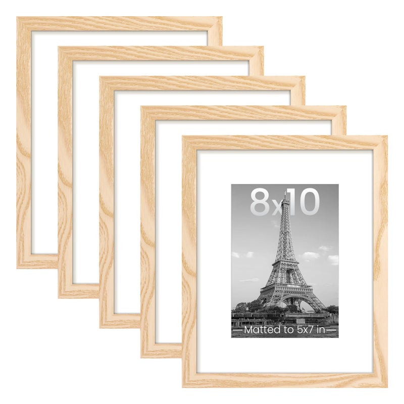upsimples upsimples 8x10 Picture Frame Set of 5 Display Pictures 5x7 with Mat or 8 x 10 Without Wall Gallery Photo Frames Natural