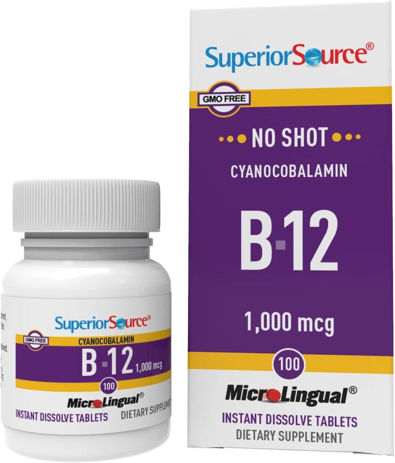 Superior Source No Shot Vitamin B12 Cyanocobalamin 1000 mcg Vitamin B12 to Support Energy Production Brain Health Overall Wellness Sublingual Tablets 100 Dissolvable Tablets