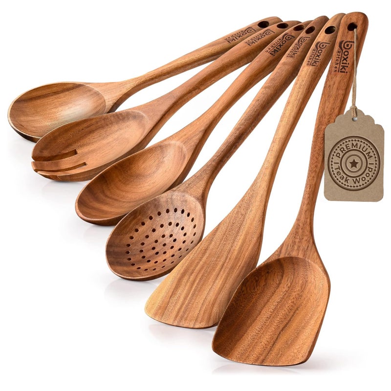 Boxiki Kitchen Luxury Teak Wood Utensil Set - Elegant 6-Piece Cooking Ensemble Including Spoons, Server, Scraper & Spatula - Expertly Crafted for Culinary Excellence - Image 1