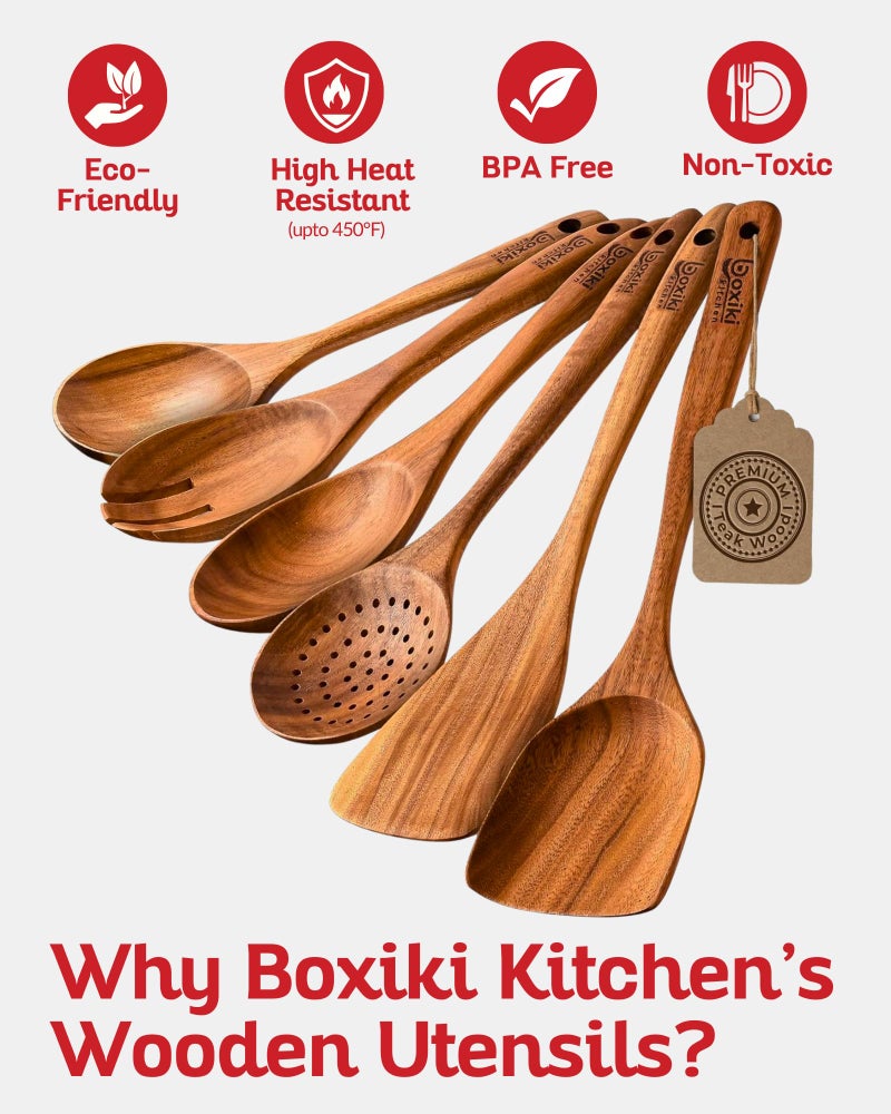 Boxiki Kitchen Luxury Teak Wood Utensil Set - Elegant 6-Piece Cooking Ensemble Including Spoons, Server, Scraper & Spatula - Expertly Crafted for Culinary Excellence - Image 4