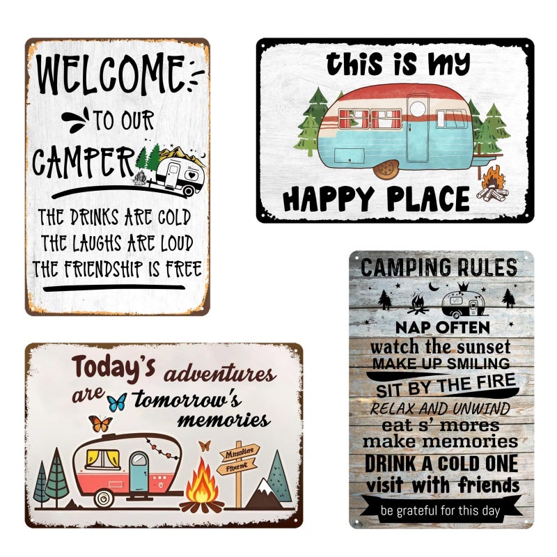 tosles 4pcs Camping Signs Decor Vintage Camping Metal Tin Signs Campers Rv Decorations Outside Camper Camping Rules Sign For Travel Trailer Wall Art Decor - Image 1