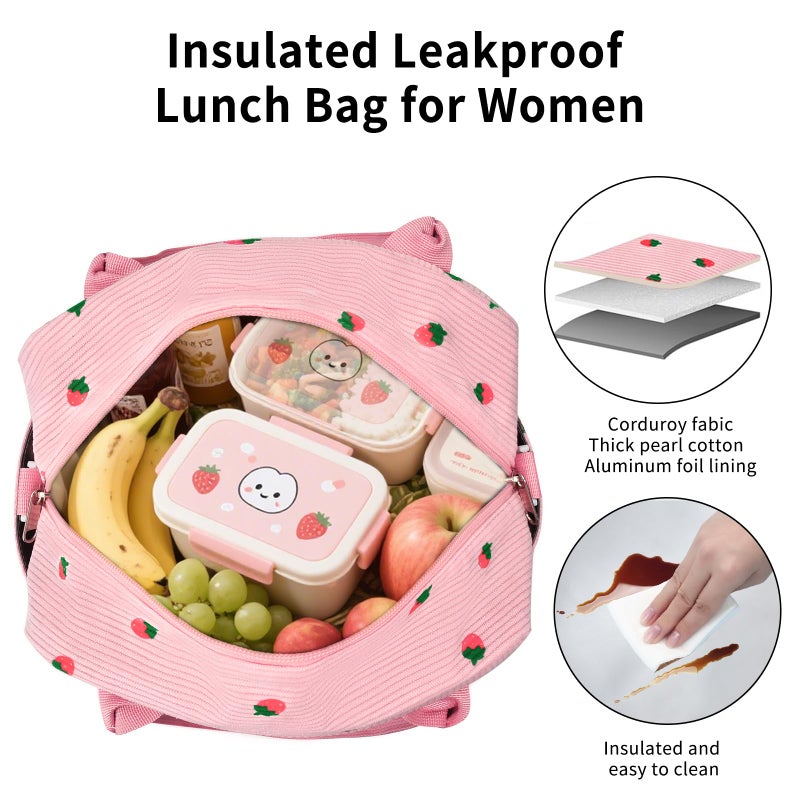 OYLOLA Lunch Bag Women Lunch Box for Women Adult Cute Insulated Lunch Bag Lager Cooler Lunch Tote Bags for Work Picnic (Pink-Strawberry) - Image 5
