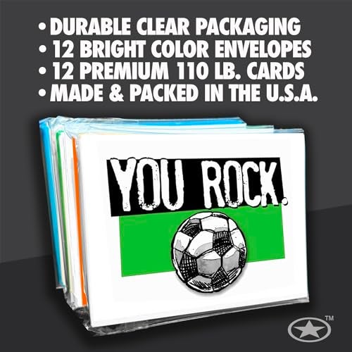 Play Strong SOCCER 'YOU ROCK' Thank You Note Cards 12-Pack (4.25”x5.5”) | Illustrated Sports Powercards | Perfect for Soccer Players, Coaches, Teams & Fans | Blank Inside – Fun & Motivational! - Image 2