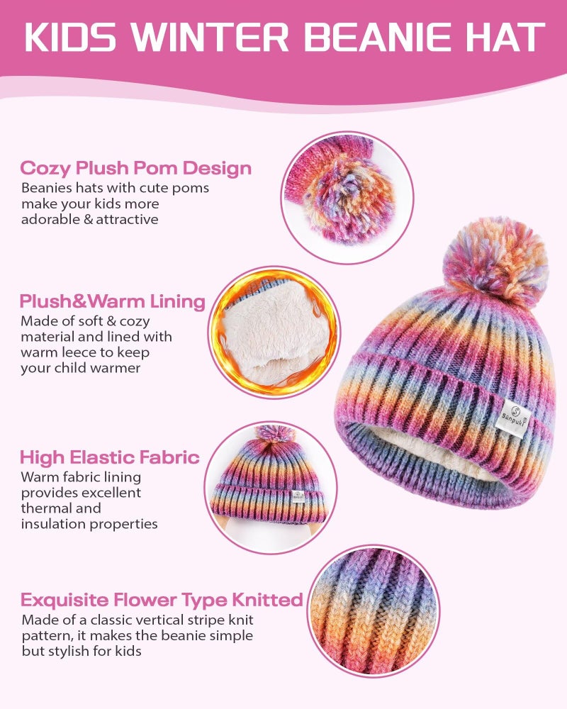 SENPUKI Kids Winter Beanie Gloves Scarf Set,Girls Toddler Winter Hat With Pom Neck Warmer Gaiter Mittens Fleece Lined Set Christmas Gift for Kids - Image 2