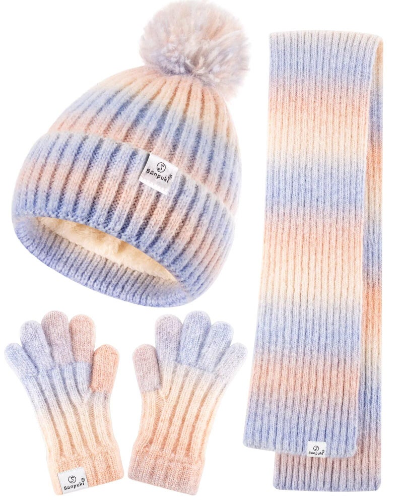 SENPUKI Kids Winter Beanie Gloves Scarf Set,Girls Toddler Winter Hat With Pom Neck Warmer Gaiter Mittens Fleece Lined Set Christmas Gift for Kids - Image 1