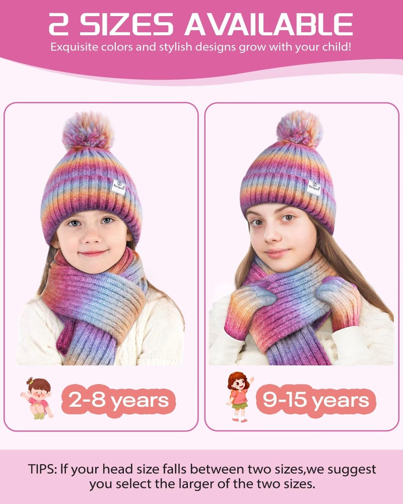 SENPUKI Kids Winter Beanie Gloves Scarf Set,Girls Toddler Winter Hat With Pom Neck Warmer Gaiter Mittens Fleece Lined Set Christmas Gift for Kids - Image 5