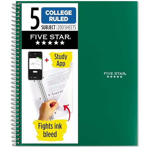 Five Star Spiral Notebook Study App 5 Subject College Ruled Paper 812 x 11 200 Sheets Fights Ink Bleed Water Resistant Cover Forest Green 72079