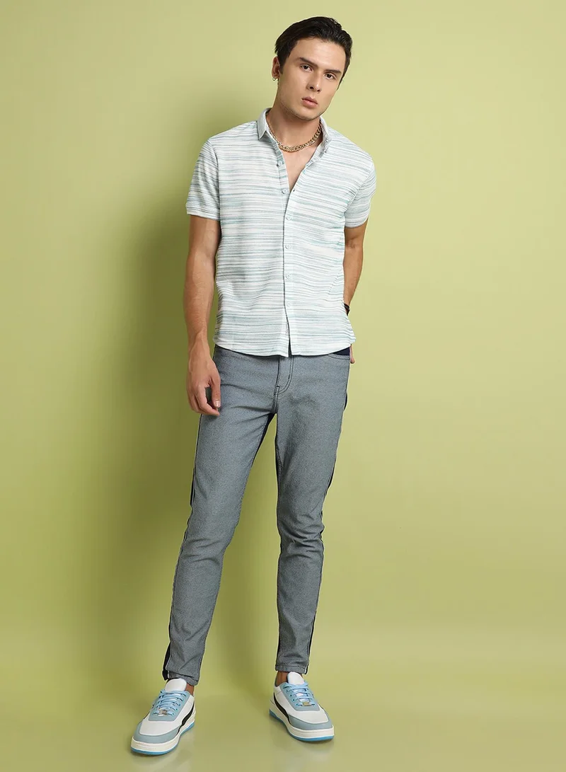 Campus Sutra Campus Sutra Men's Blue & White Textured Horizontal Striped Shirt For Everyday Wear | Spread Collar |  Button Closure | Short Sleeve | Polycotton Shirt Crafted With Comfort Fit For Everyday Wear