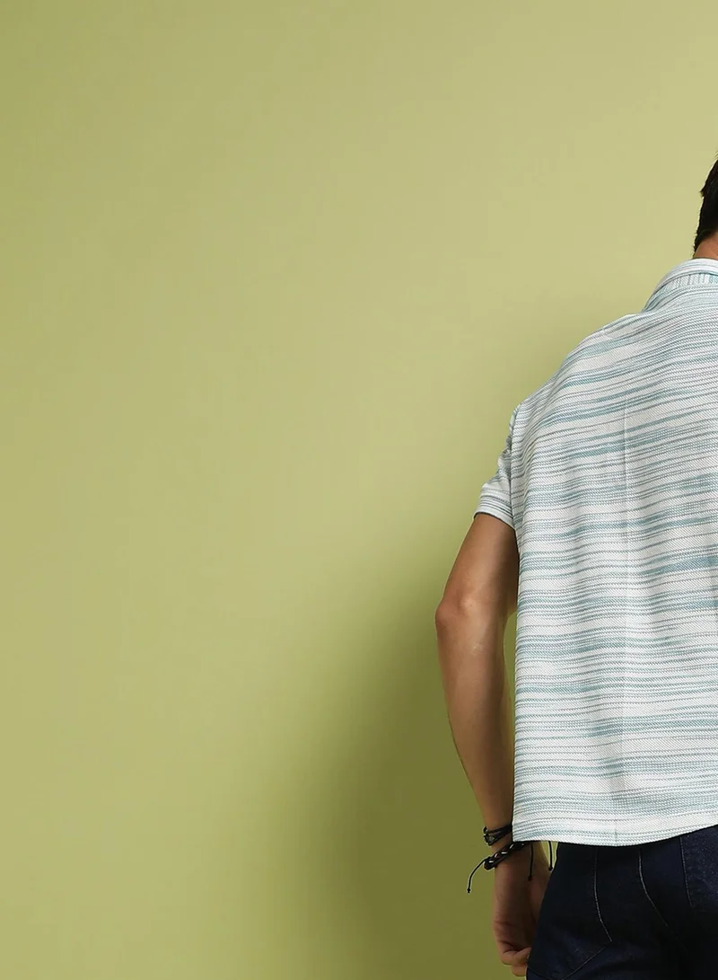 Campus Sutra Campus Sutra Men's Blue & White Textured Horizontal Striped Shirt For Everyday Wear | Spread Collar |  Button Closure | Short Sleeve | Polycotton Shirt Crafted With Comfort Fit For Everyday Wear