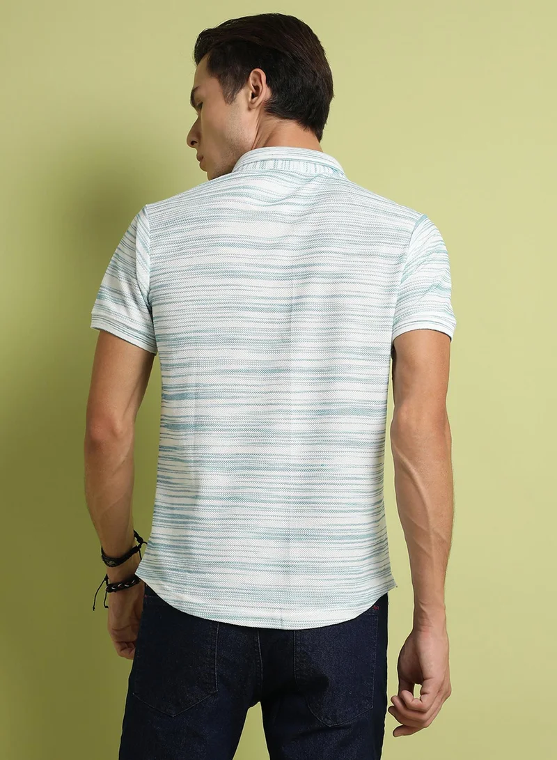 Campus Sutra Campus Sutra Men's Blue & White Textured Horizontal Striped Shirt For Everyday Wear | Spread Collar |  Button Closure | Short Sleeve | Polycotton Shirt Crafted With Comfort Fit For Everyday Wear