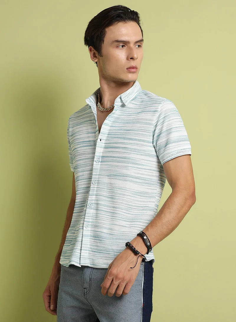 Campus Sutra Campus Sutra Men's Blue & White Textured Horizontal Striped Shirt For Everyday Wear | Spread Collar |  Button Closure | Short Sleeve | Polycotton Shirt Crafted With Comfort Fit For Everyday Wear