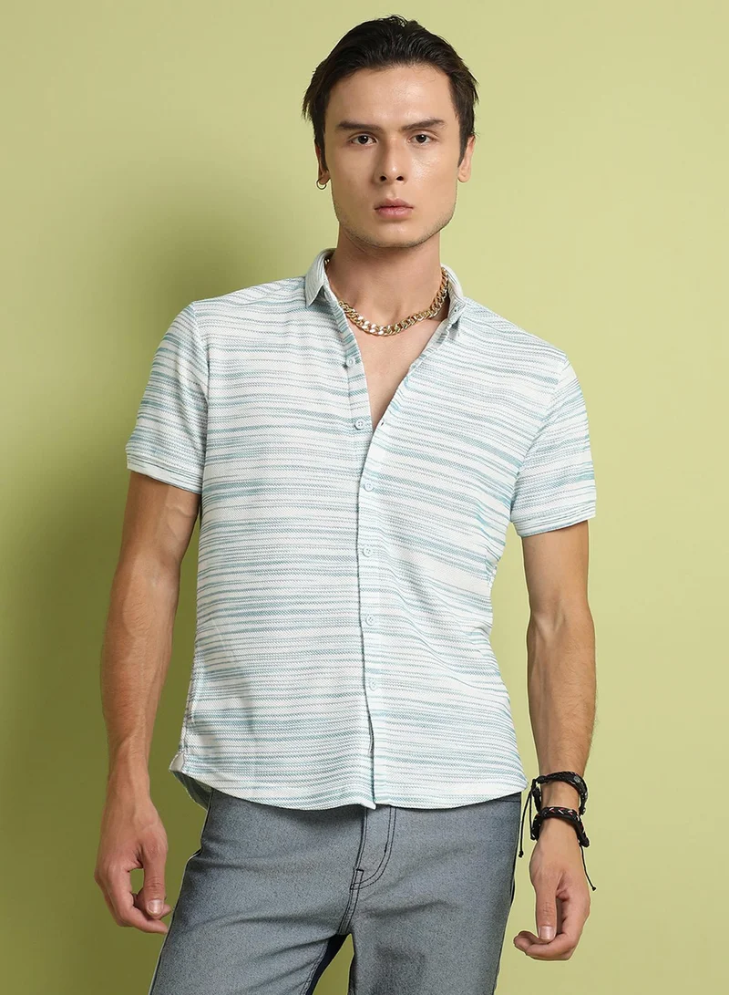 Campus Sutra Campus Sutra Men's Blue & White Textured Horizontal Striped Shirt For Everyday Wear | Spread Collar |  Button Closure | Short Sleeve | Polycotton Shirt Crafted With Comfort Fit For Everyday Wear