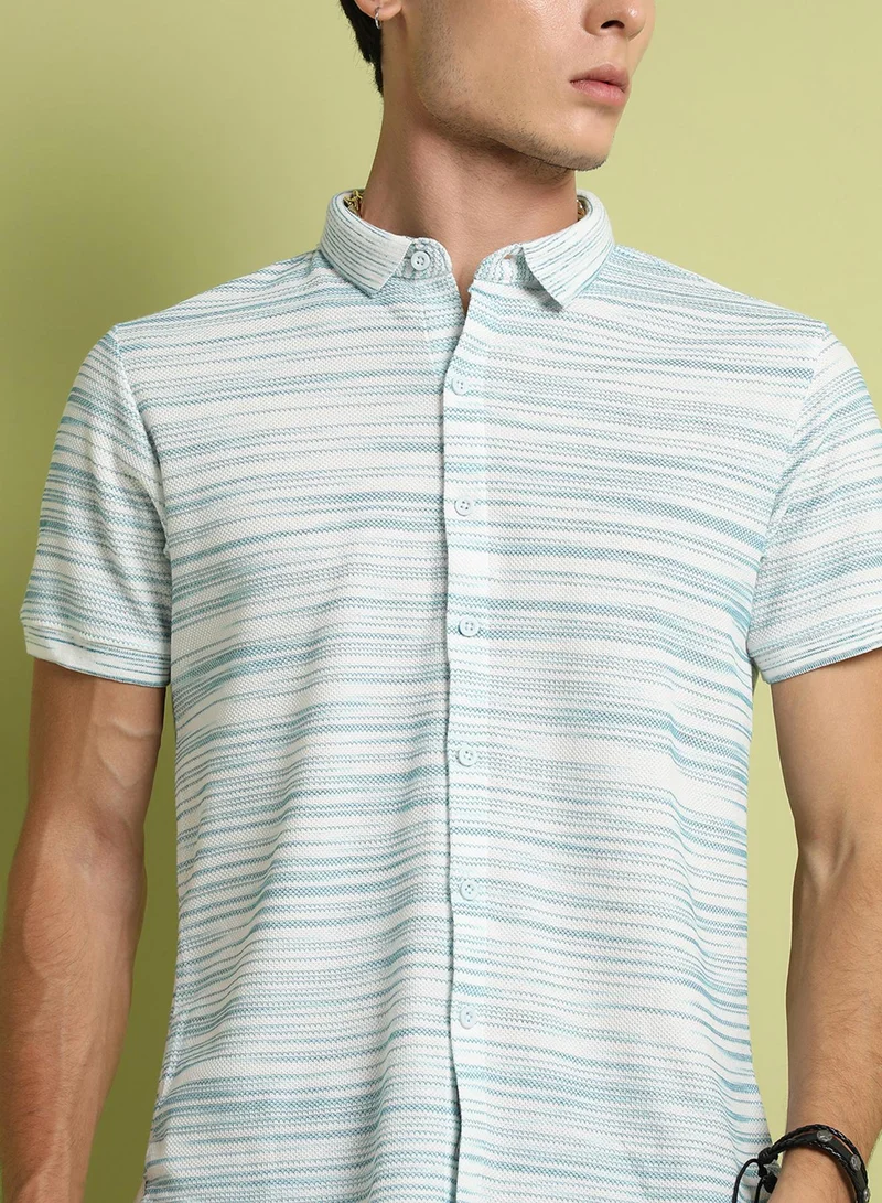 Campus Sutra Campus Sutra Men's Blue & White Textured Horizontal Striped Shirt For Everyday Wear | Spread Collar |  Button Closure | Short Sleeve | Polycotton Shirt Crafted With Comfort Fit For Everyday Wear