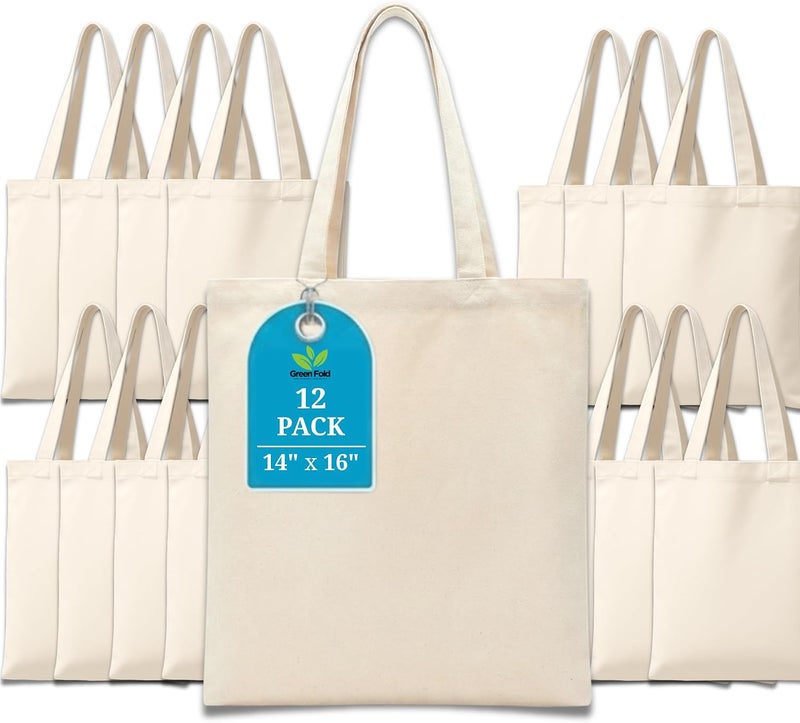 Greenfold 14x16 Inch Plain Canvas Tote Bag | 10 Pcs | 12 Pcs | 24 Pcs | 50 Pcs | 100 Pcs | 100% Organic Reusable 150 GSM Cotton Handbag for Shopping, Daily Use, Grocery, Craft Diy Painting and Storage - Image 1