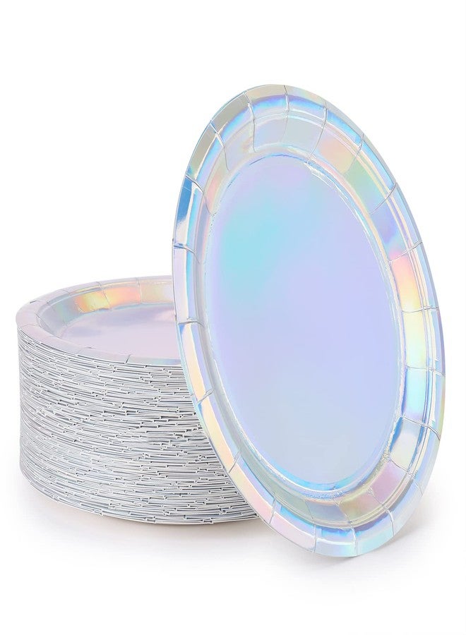 ZebrAnt Iridescent Paper Plates 9 Inches [50 pack] Round Disposable Dinner Paper Plates for Cakes Salad Pizza Holographic Rainbow Silver Decorations Party Supplies for Events Wedding Anniversary Christmas - Image 2
