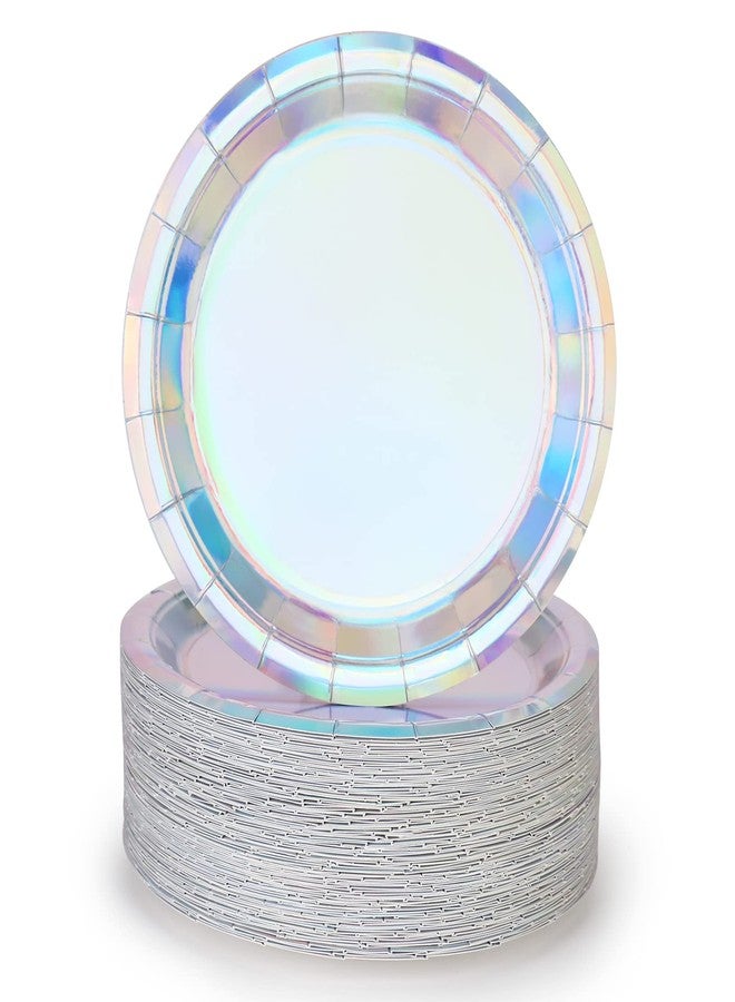 ZebrAnt Iridescent Paper Plates 9 Inches [50 pack] Round Disposable Dinner Paper Plates for Cakes Salad Pizza Holographic Rainbow Silver Decorations Party Supplies for Events Wedding Anniversary Christmas - Image 1