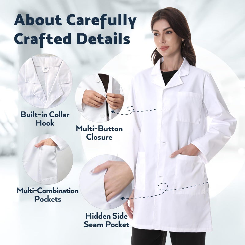 Greenour Professional Lab Coat for Women Long Sleeve White Medical Coat Uniform with 3 Pockets, Machine Washable Breathable, Size XS-XL (Small) - Image 2