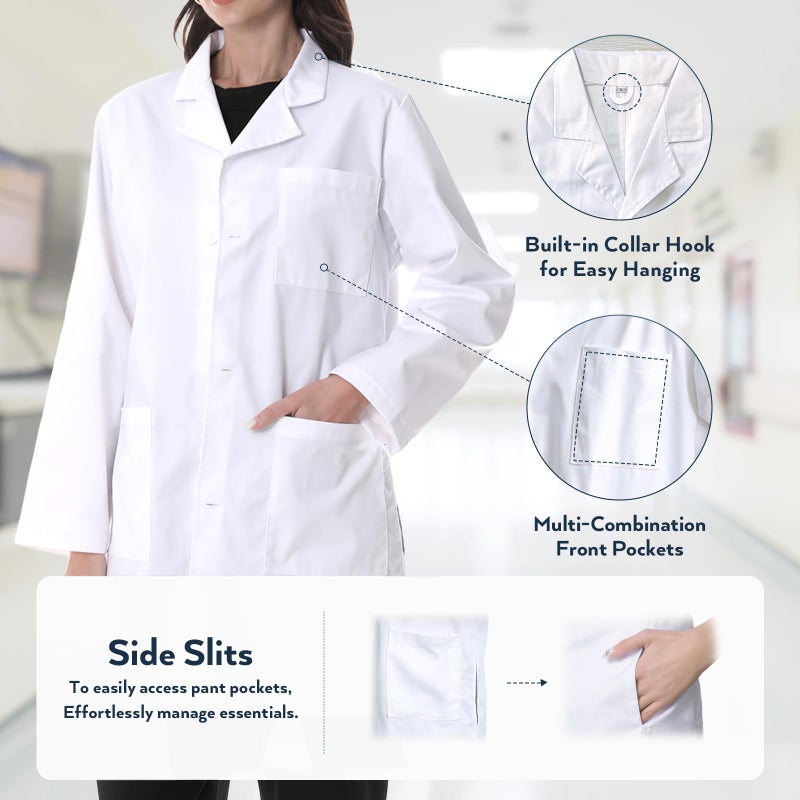 Greenour Professional Lab Coat for Women Long Sleeve White Medical Coat Uniform with 3 Pockets, Machine Washable Breathable, Size XS-XL (Small) - Image 3