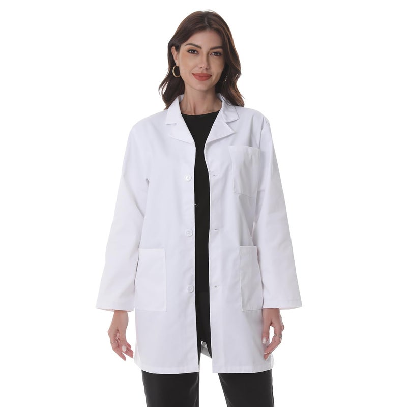 Greenour Professional Lab Coat for Women Long Sleeve White Medical Coat Uniform with 3 Pockets, Machine Washable Breathable, Size XS-XL (Small) - Image 1