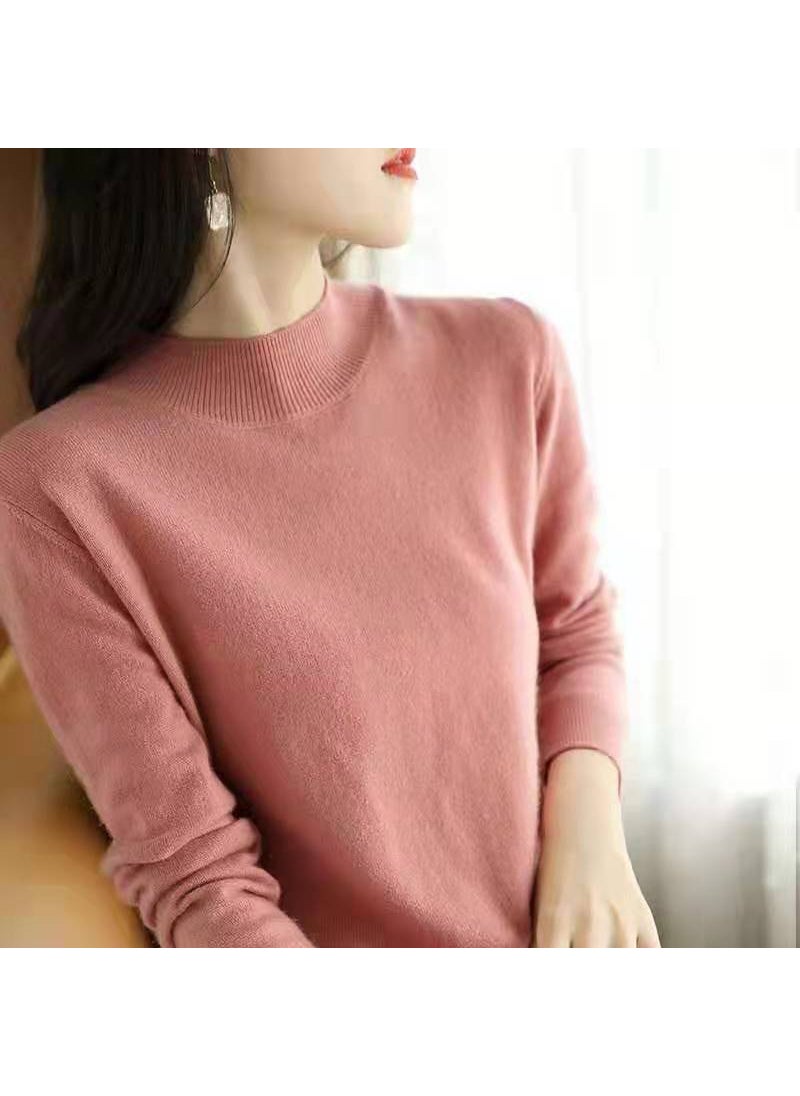 Generic - Womens Loose Long Sleeve Knitted Sweater Half High Collar Comfortable Casual Style Polyester Fiber Autumn Winter Fashionable Base Layer Top leather powder - Image 1