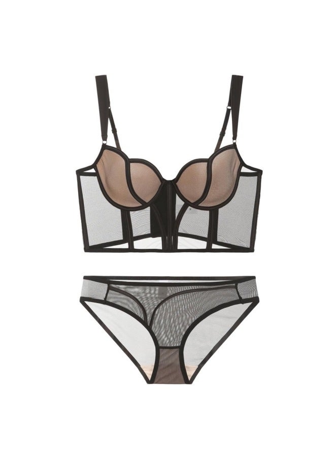 European And American Bra Women's Thin Cup Long Fishbone Corset Beauty Back Vest-style Push Up Big Chest Small Bra Suit